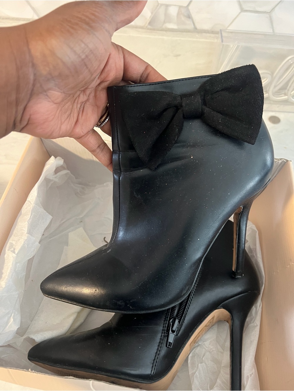 Black Bow Accent Stiletto Ankle Boots - Women